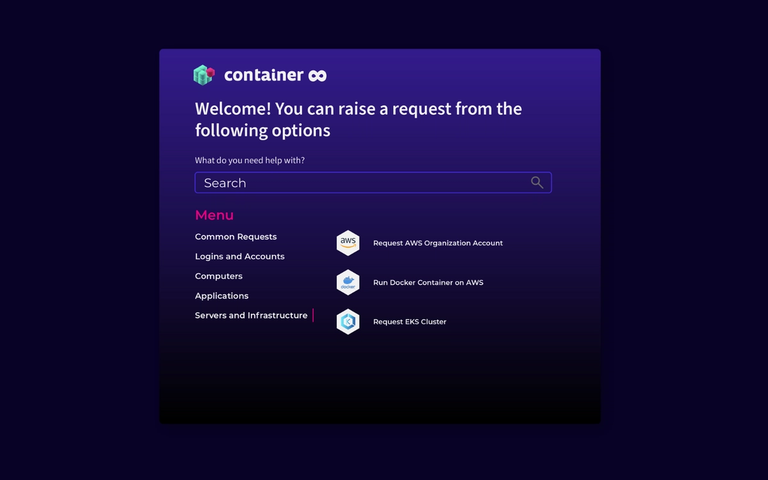 Self-Service-Portal-Oberfläche container mit Suchleiste und Anfrage-Menü auf lila Hintergrund.