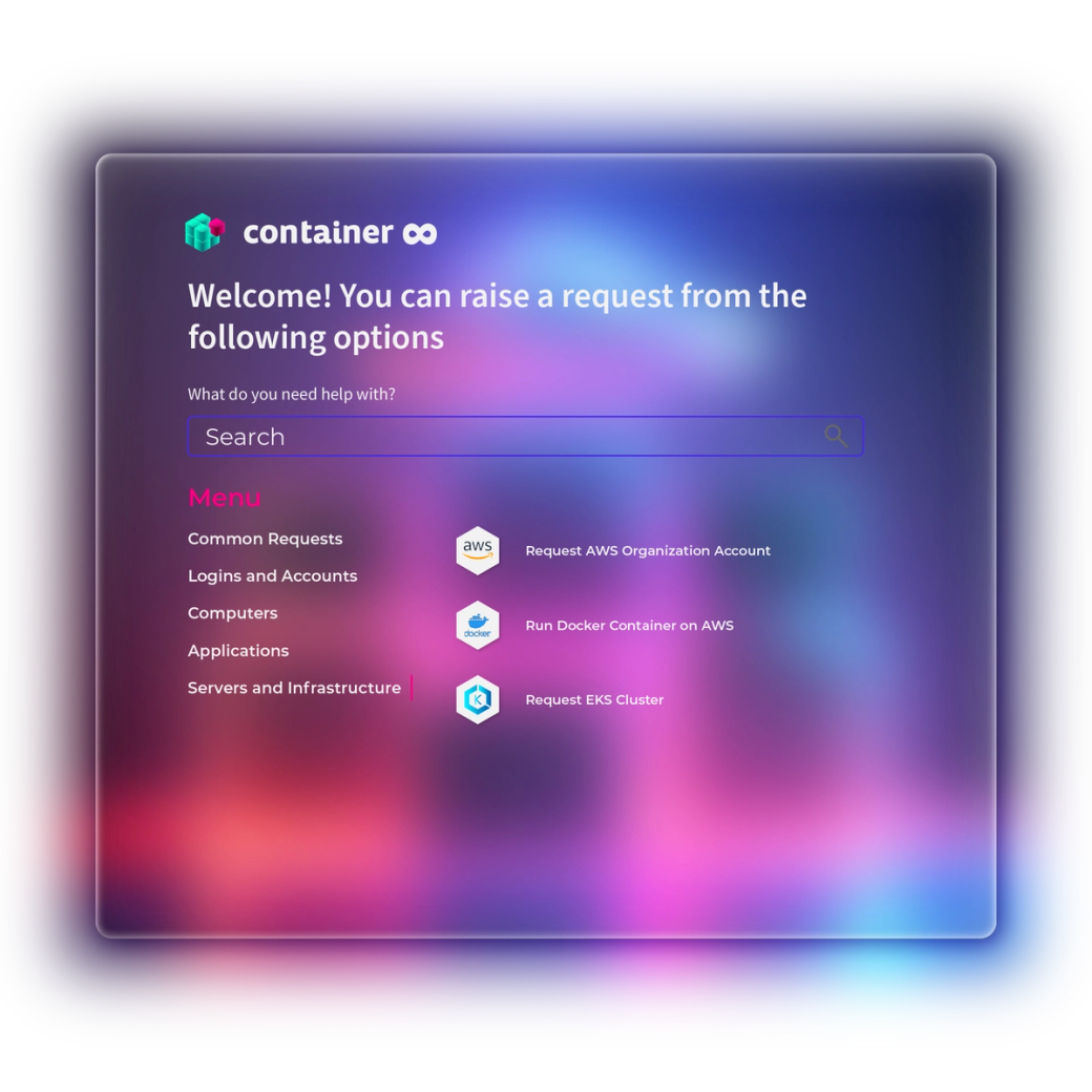 Container8 self-service portal with requests such as "Request AWS Organization Account" and "Request EKS Cluster"