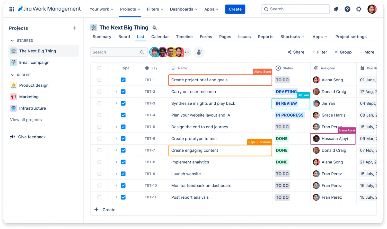 Eine Vorgangsliste in Jira Work Management: elf Zeilen mit Schlüssel, Name, Status wie To do, In progress und Done, Bearbeiter und Fälligkeit