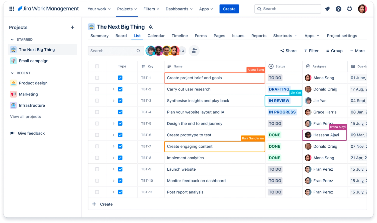 Eine Vorgangsliste in Jira Work Management: elf Zeilen mit Schlüssel, Name, Status wie To do, In progress und Done, Bearbeiter und Fälligkeit