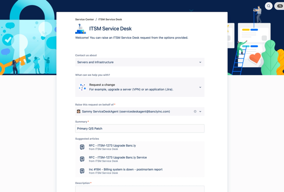 Bildschirmfoto eines Anfrageformulars in einem Service-Desk, mit Feldern fuer Thema, Anfrageart, Zusammenfassung und Beschreibung