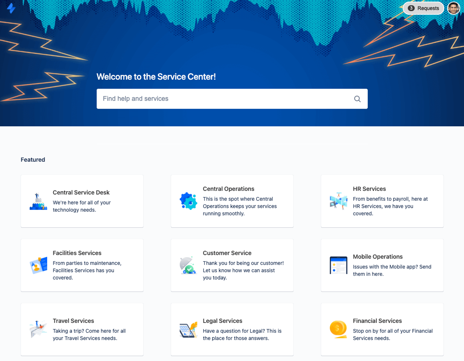 Ein Service-Center-Portal mit Suchleiste und neun Kacheln für verschiedene Servicebereiche