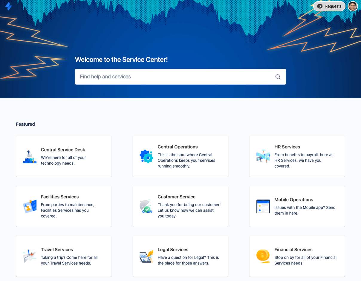 Ein Service-Center-Portal mit Suchleiste und neun Kacheln für verschiedene Servicebereiche