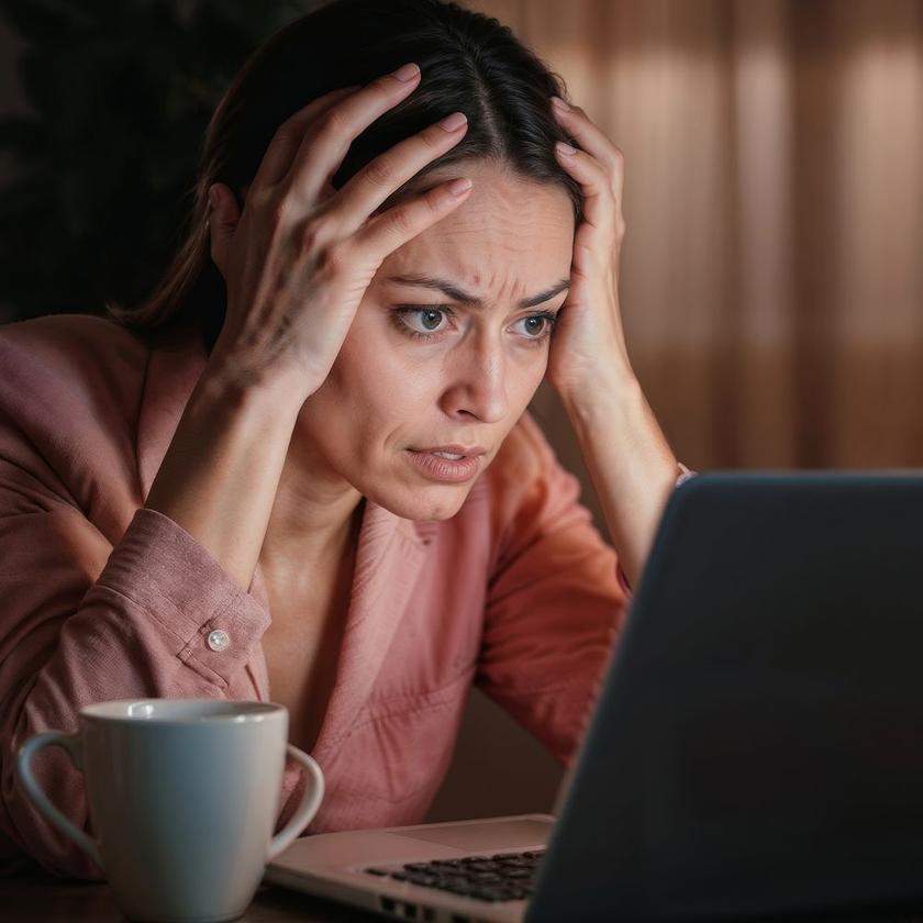 Eine gestresste Frau hält sich den Kopf vor einem Laptop