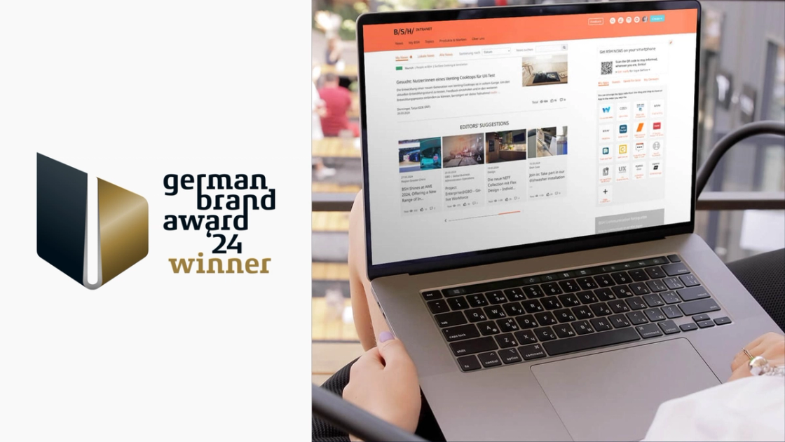German Brand Award 2024, Auszeichnung „winner“, daneben ein Laptop mit der Startseite des BSH-Intranets