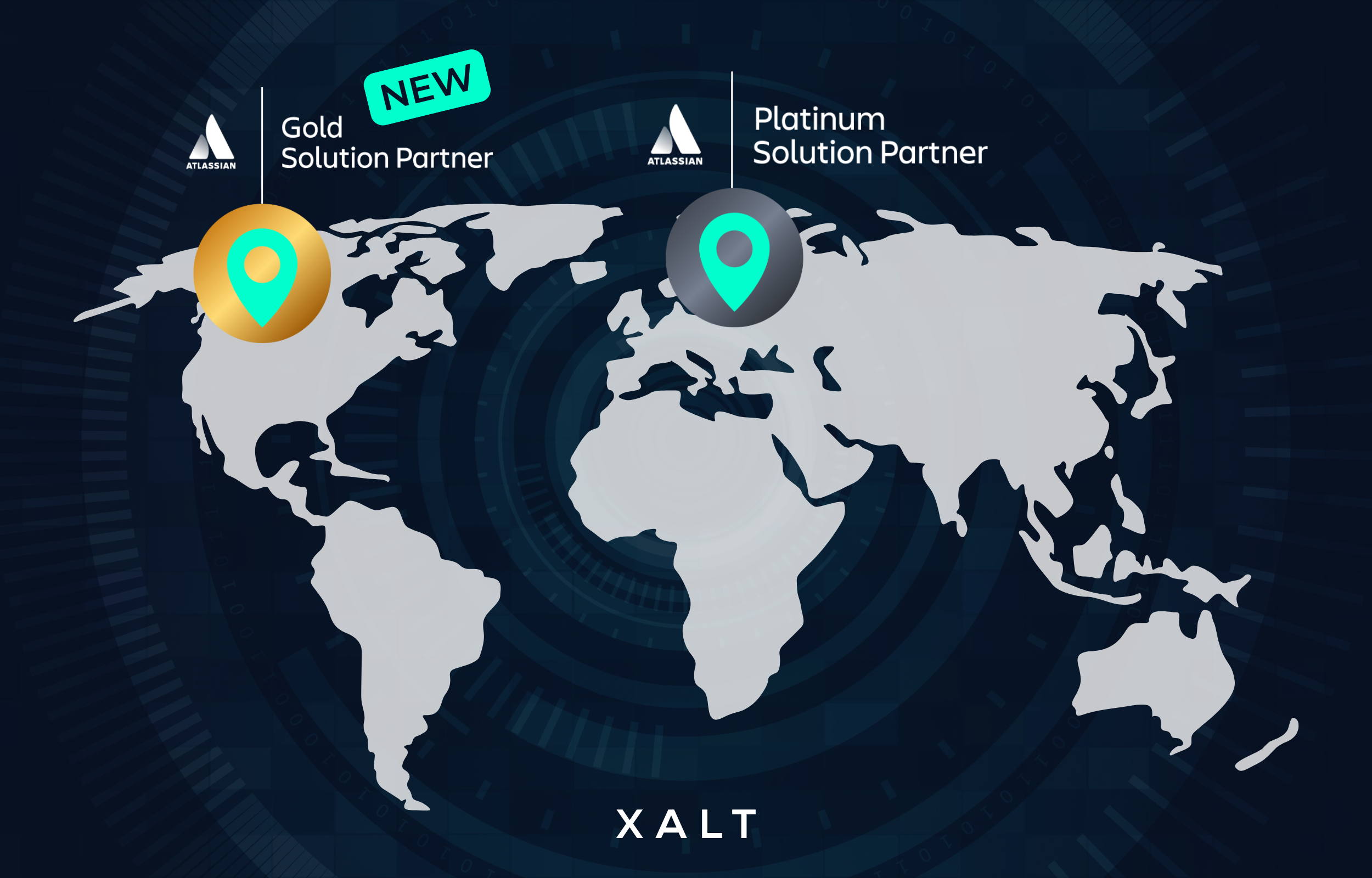 XALT Gold Solution Partner Badge mit Atlassian-Logo auf Weltkarte, neu ausgezeichnet.