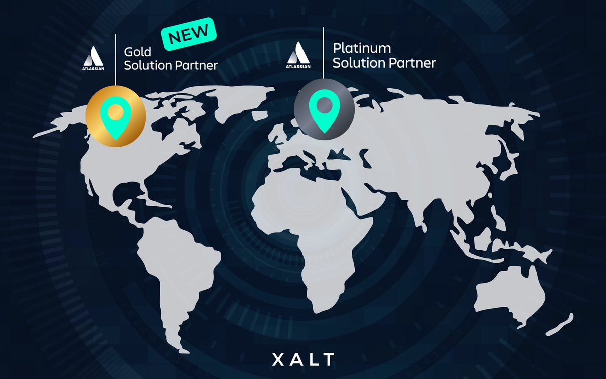 XALT Gold Solution Partner Badge mit Atlassian-Logo auf Weltkarte, neu ausgezeichnet.