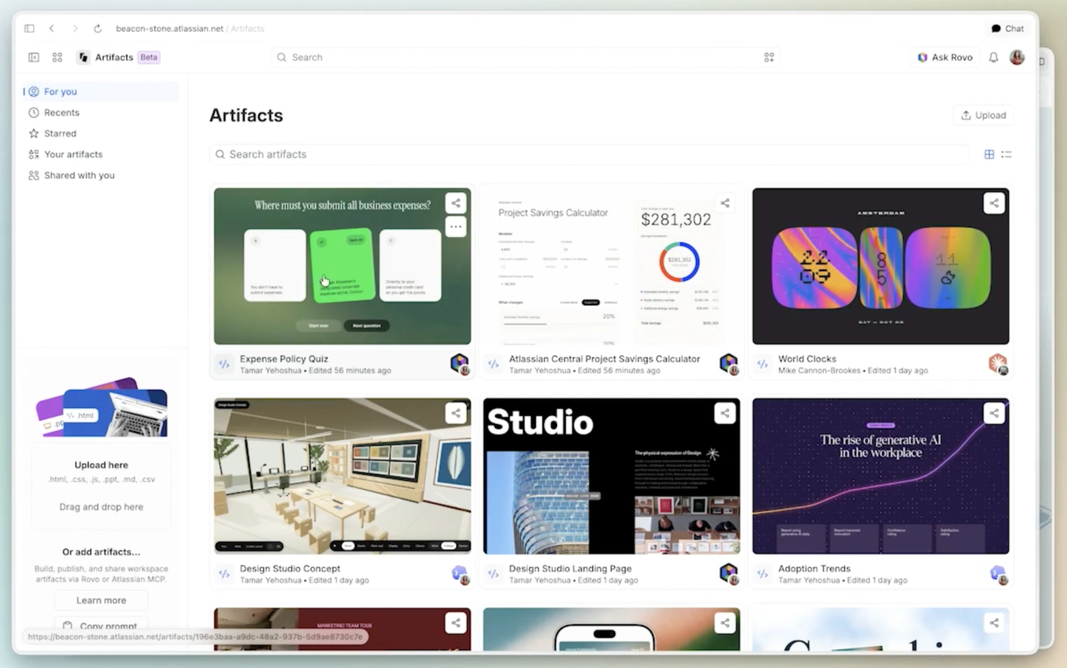 Artifacts app showing shareable AI outputs including a quiz, a cost calculator and a world clock.