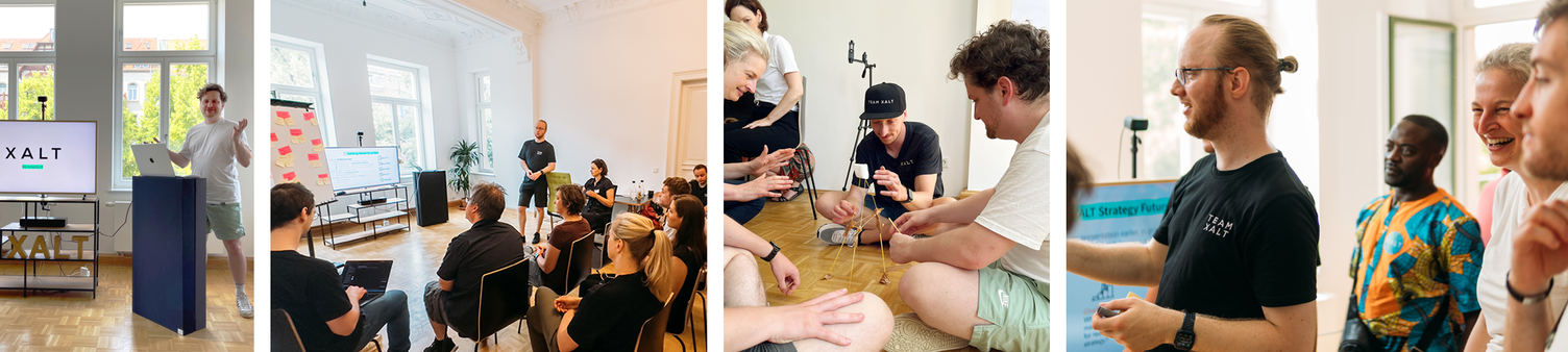 Vier Fotos von einem XALT-Workshop: ein Vortrag am Rednerpult, das Publikum im Stuhlkreis, eine Gruppenübung am Boden, Teilnehmende im Gespräch