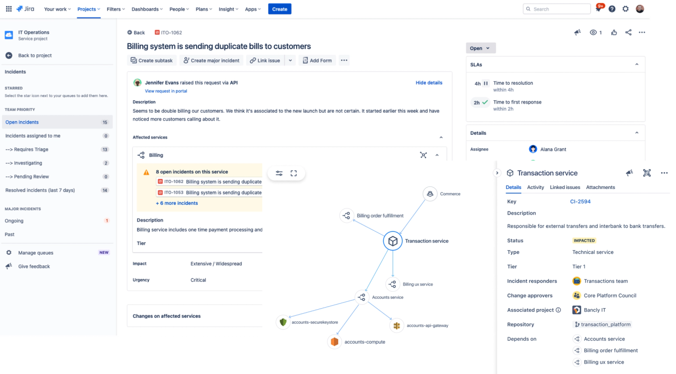 Screenshot of a Jira project with an open incident ticket and a resolution timeline