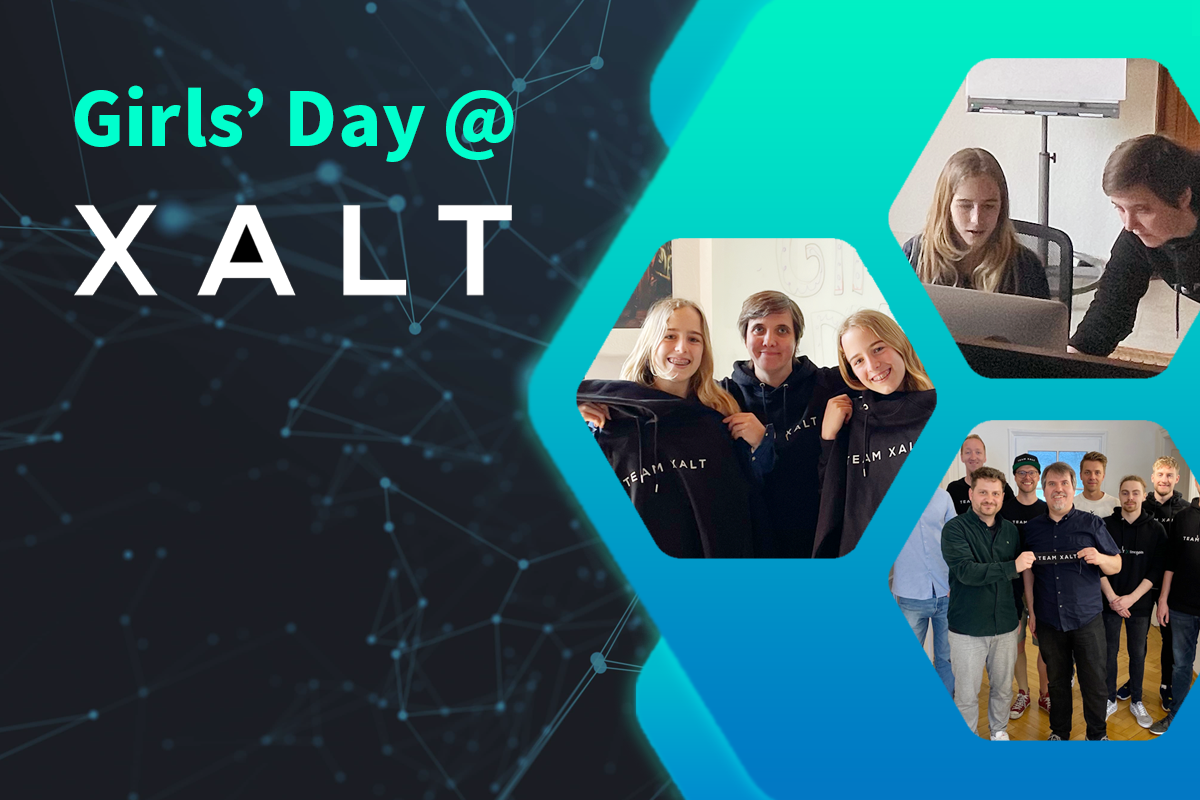 Collage: Girls Day bei XALT – junge Frauen bei der Arbeit am Computer, Gruppenfotos mit XALT-Mitarbeitenden.
