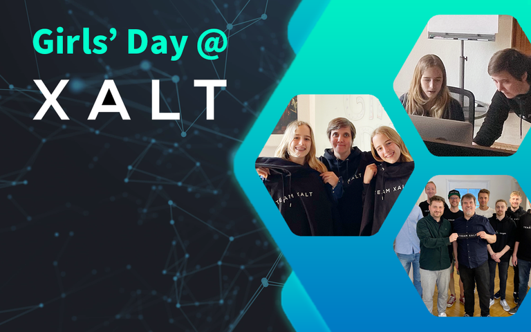 Collage: Girls Day bei XALT – junge Frauen bei der Arbeit am Computer, Gruppenfotos mit XALT-Mitarbeitenden.