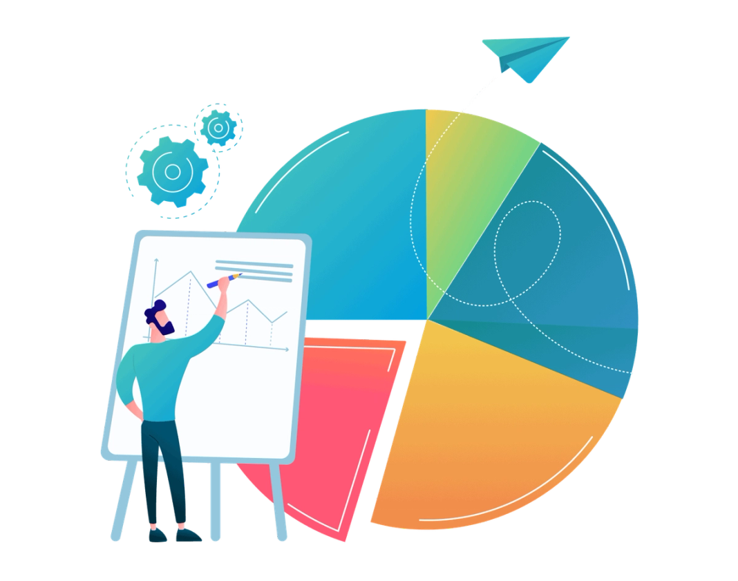 Flache Illustration: ein Mann zeichnet an einem Whiteboard ein Liniendiagramm, im Hintergrund ein Kreisdiagramm, ein Papierflieger und zwei Zahnraeder