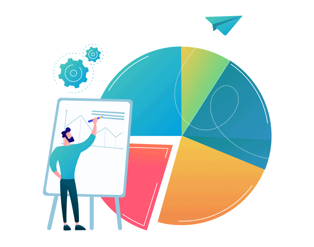 Flache Illustration: ein Mann zeichnet an einem Whiteboard ein Liniendiagramm, im Hintergrund ein Kreisdiagramm, ein Papierflieger und zwei Zahnraeder