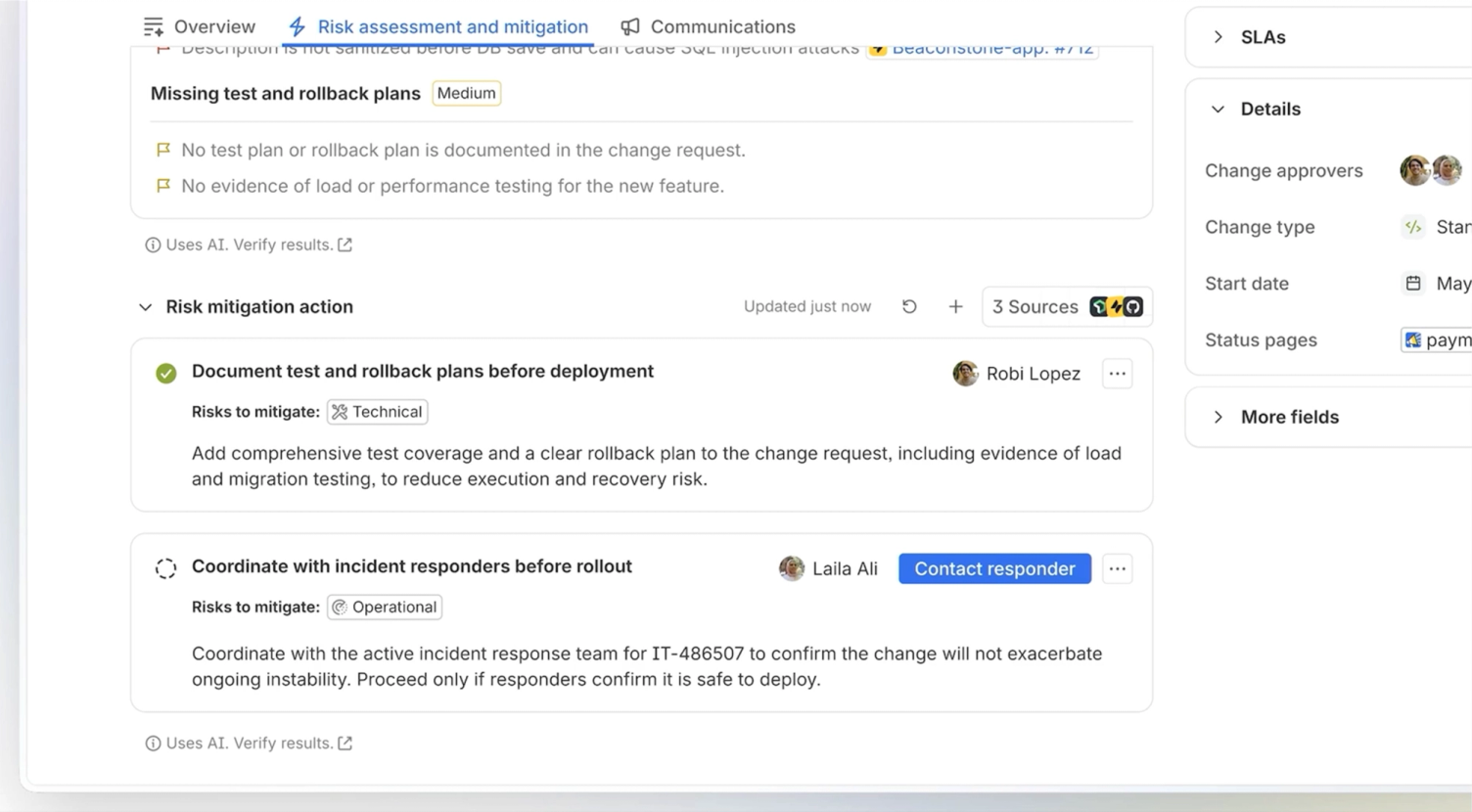 Der Reiter „Risk assessment and mitigation“ an einem Change: gemeldete Lücken im Testplan und zwei Maßnahmen mit Zuständigen und Risiko-Etiketten