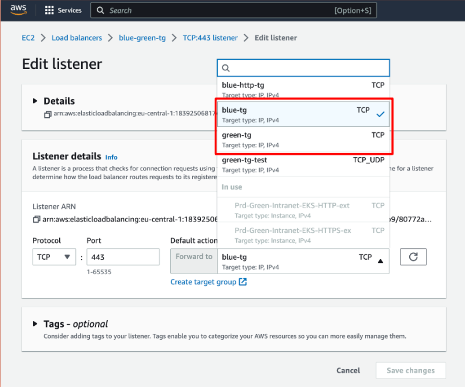 AWS console "Edit listener" of a load balancer, choosing between the target groups blue-tg and green-tg