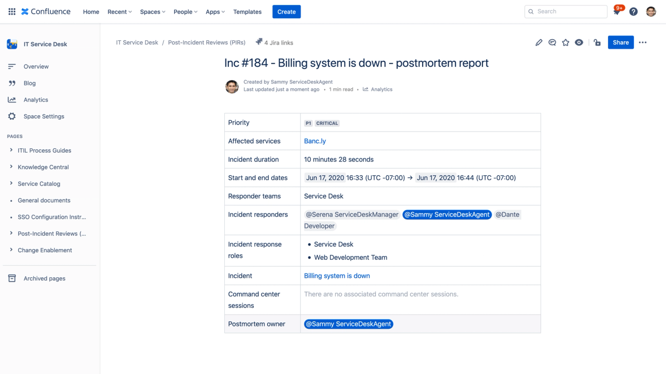 Screenshot of a Confluence page with an incident post-mortem report, showing a table of priority and affected services