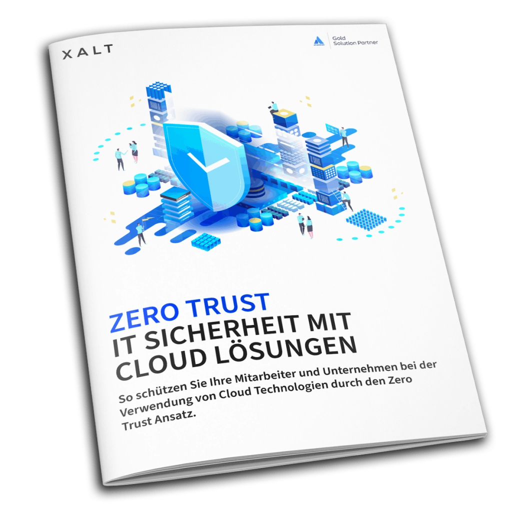 Cover der Broschüre »Zero Trust IT Sicherheit mit Cloud Lösungen« mit Schutzschild-Illustration
