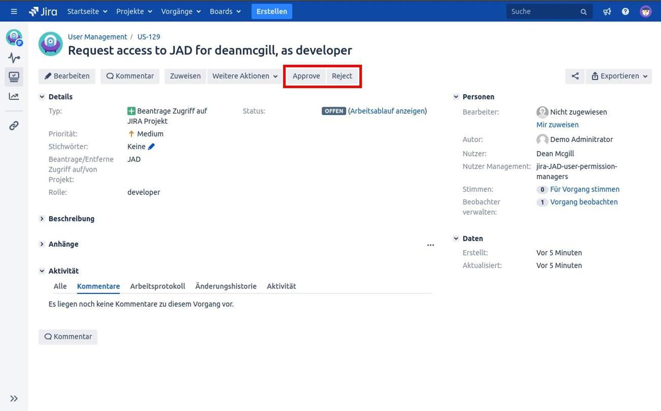 A Jira issue titled "Request access to JAD for deanmcgill, as developer" with Approve and Reject buttons
