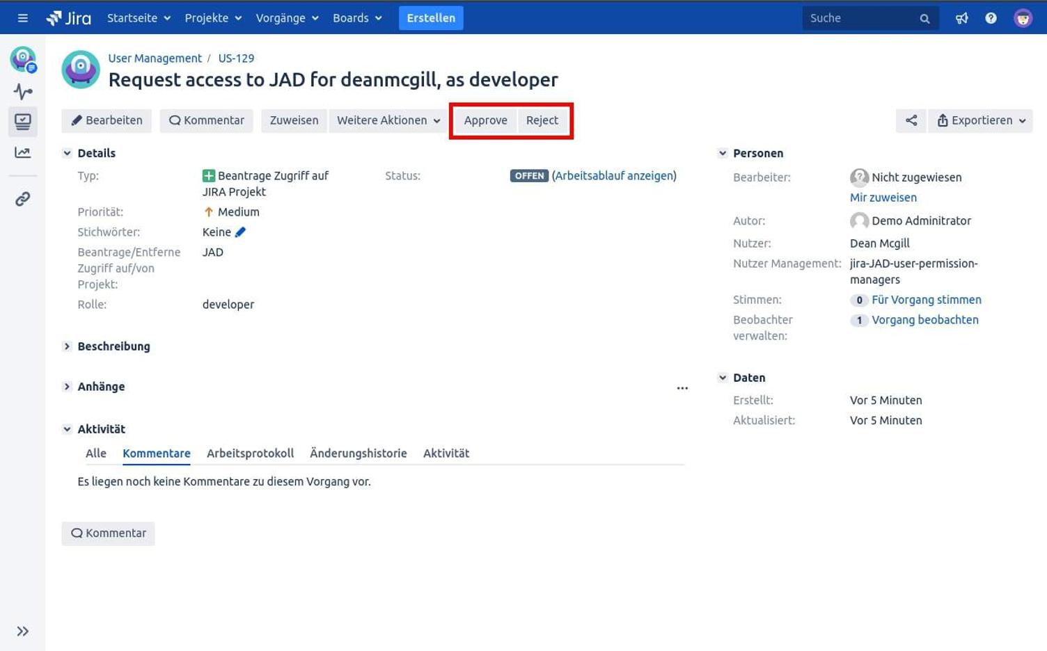 Ein Jira-Vorgang mit dem Titel „Request access to JAD for deanmcgill, as developer“ und den Knöpfen Approve und Reject