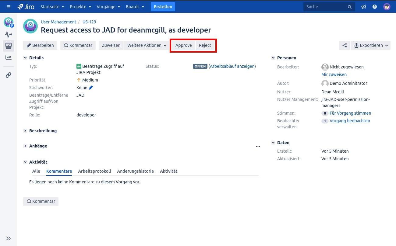 Ein Jira-Vorgang mit dem Titel „Request access to JAD for deanmcgill, as developer“ und den Knöpfen Approve und Reject