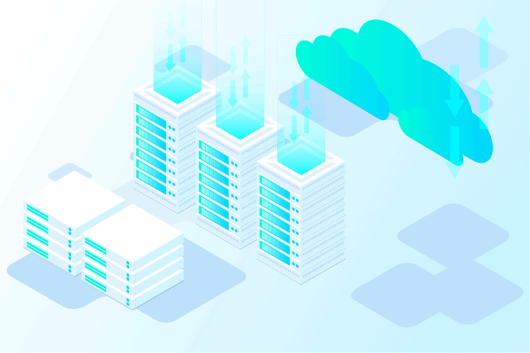 Isometrische Illustration von Server-Racks mit Datenpfeilen und einer Cloud – für Hosting von Atlassian-Anwendungen