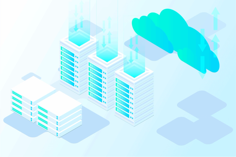 Isometrische Illustration von Server-Racks mit Datenpfeilen und einer Cloud – für Hosting von Atlassian-Anwendungen