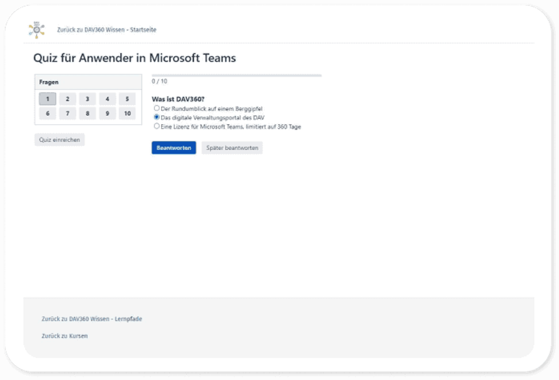 Laufendes Quiz „Quiz für Anwender in Microsoft Teams“: Fragenübersicht 1 bis 10 und die erste Frage „Was ist DAV360?“ mit drei Antwortmöglichkeiten