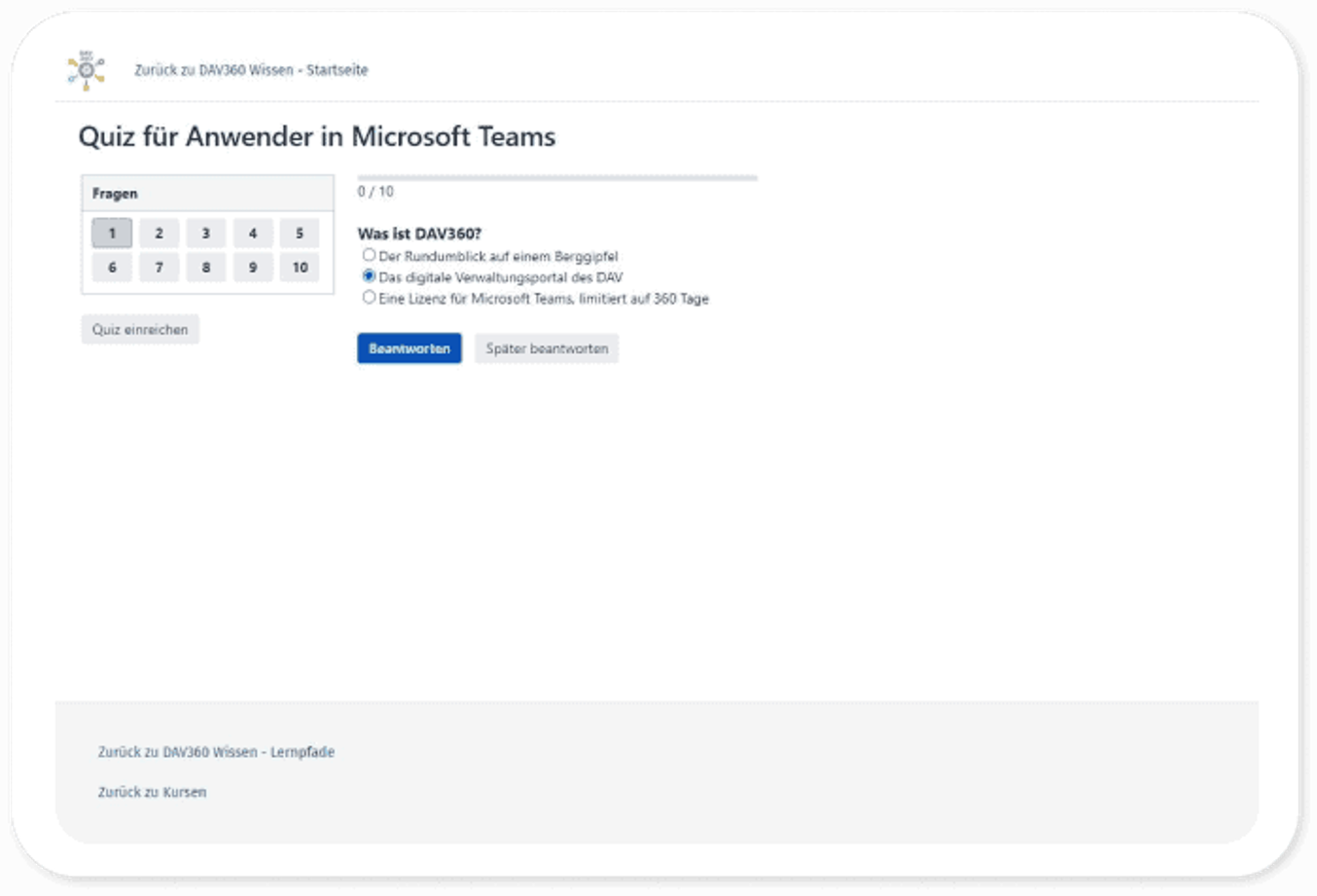 Laufendes Quiz „Quiz für Anwender in Microsoft Teams“: Fragenübersicht 1 bis 10 und die erste Frage „Was ist DAV360?“ mit drei Antwortmöglichkeiten