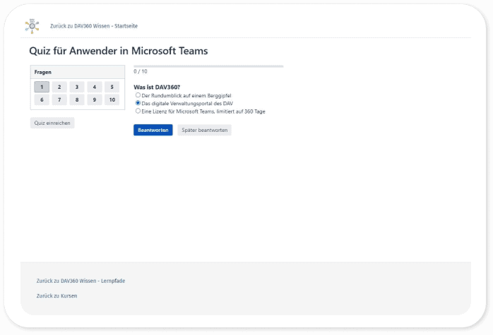 Laufendes Quiz „Quiz für Anwender in Microsoft Teams“: Fragenübersicht 1 bis 10 und die erste Frage „Was ist DAV360?“ mit drei Antwortmöglichkeiten