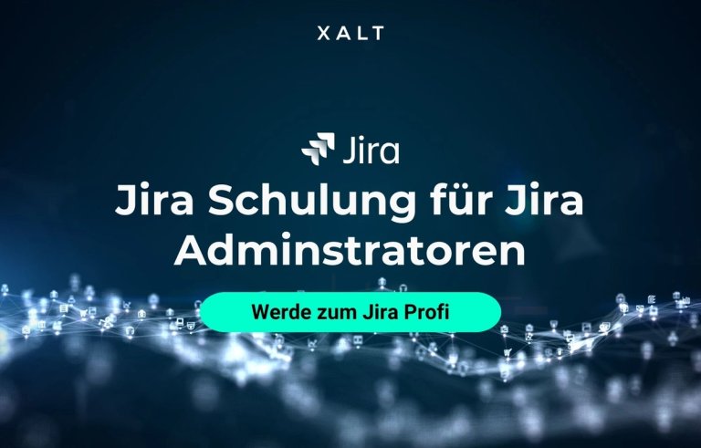 Kopfbild der Jira-Schulung für Jira-Administratoren mit dem Zusatz „Werde zum Jira Profi" auf blauem technischem Hintergrund.