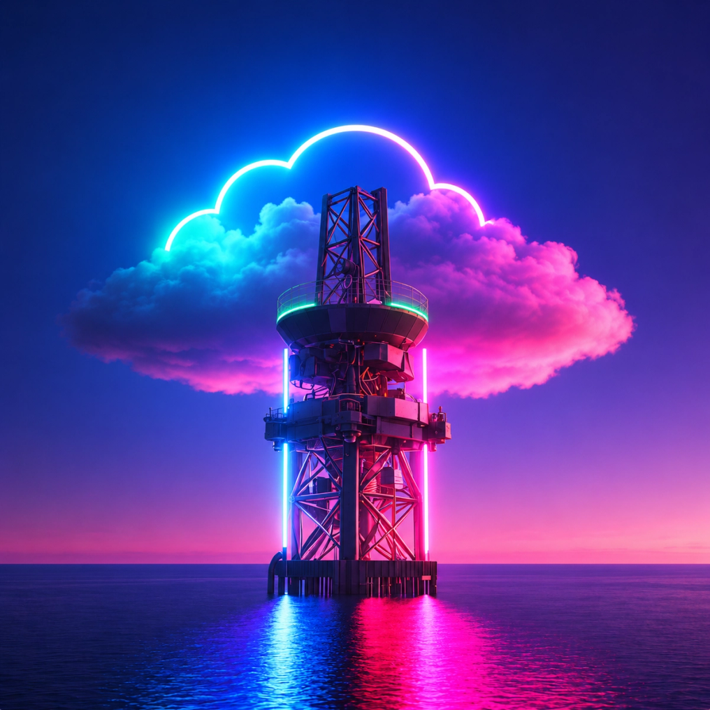 A steel tower in the sea with a glowing turquoise and pink cloud floating above it