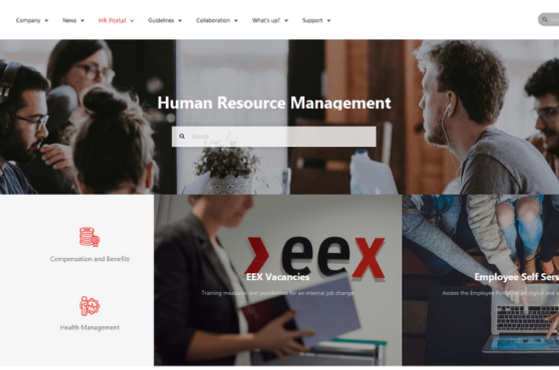 Ein Intranet mit dem Titel Human Resource Management, einer Suchleiste und mehreren Themenkacheln