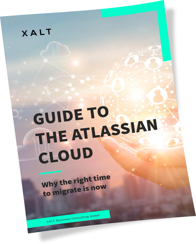 A whitepaper cover titled “Guide to the Atlassian Cloud — Why the right time to migrate is now” over a cloud motif.