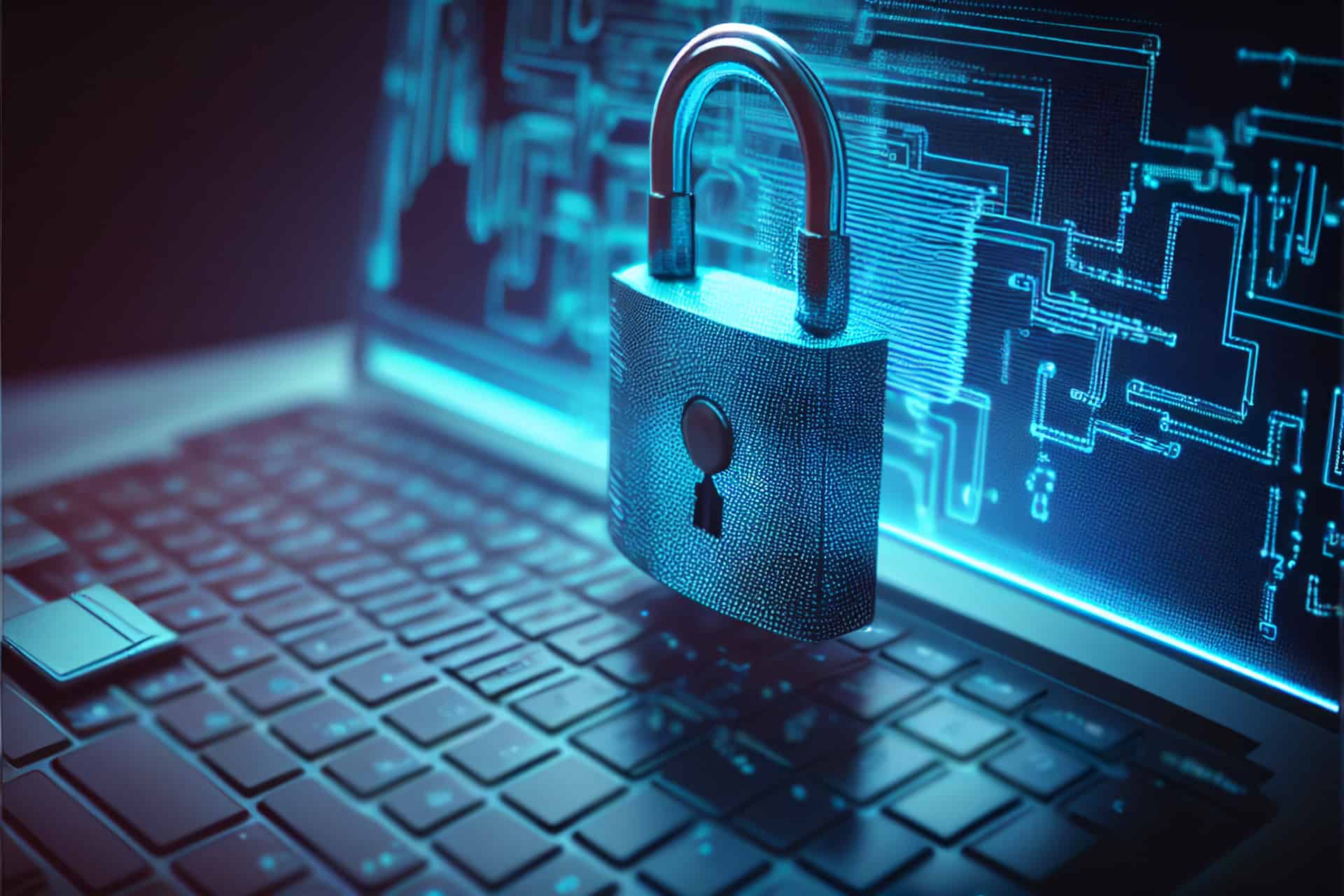 Digitales Vorhängeschloss über einer Laptop-Tastatur mit blauen Schaltkreismustern im Hintergrund, Symbol für DevSecOps und IT-Sicherheit.