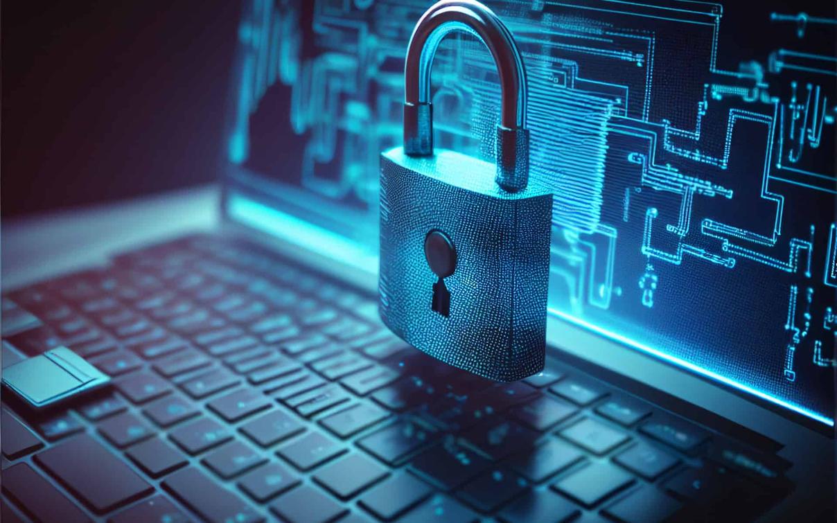 Digitales Vorhängeschloss über einer Laptop-Tastatur mit blauen Schaltkreismustern im Hintergrund, Symbol für DevSecOps und IT-Sicherheit.