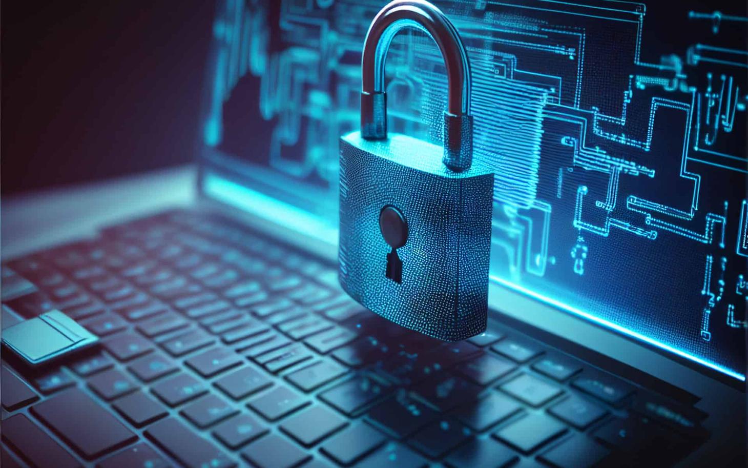 Digital padlock over a laptop keyboard with blue circuit patterns in the background, symbolizing DevSecOps and IT security.