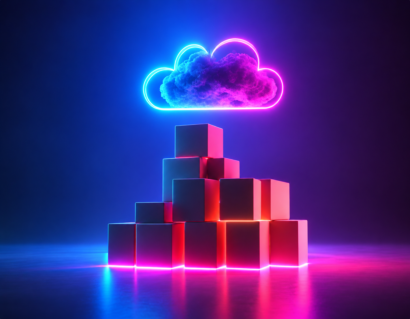 Ein Stapel leuchtender Kisten, über dem eine Wolke aus Neonlicht schwebt