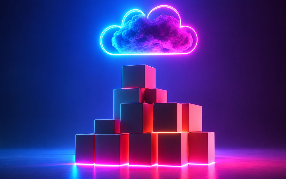 Ein Stapel leuchtender Kisten, über dem eine Wolke aus Neonlicht schwebt