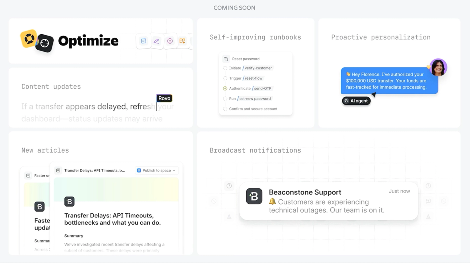 Vier Vorschauansichten der kommenden Optimize-Funktionen: Inhaltsaktualisierungen, sich selbst verbessernde Runbooks, proaktive Personalisierung und Broadcast-Benachrichtigungen