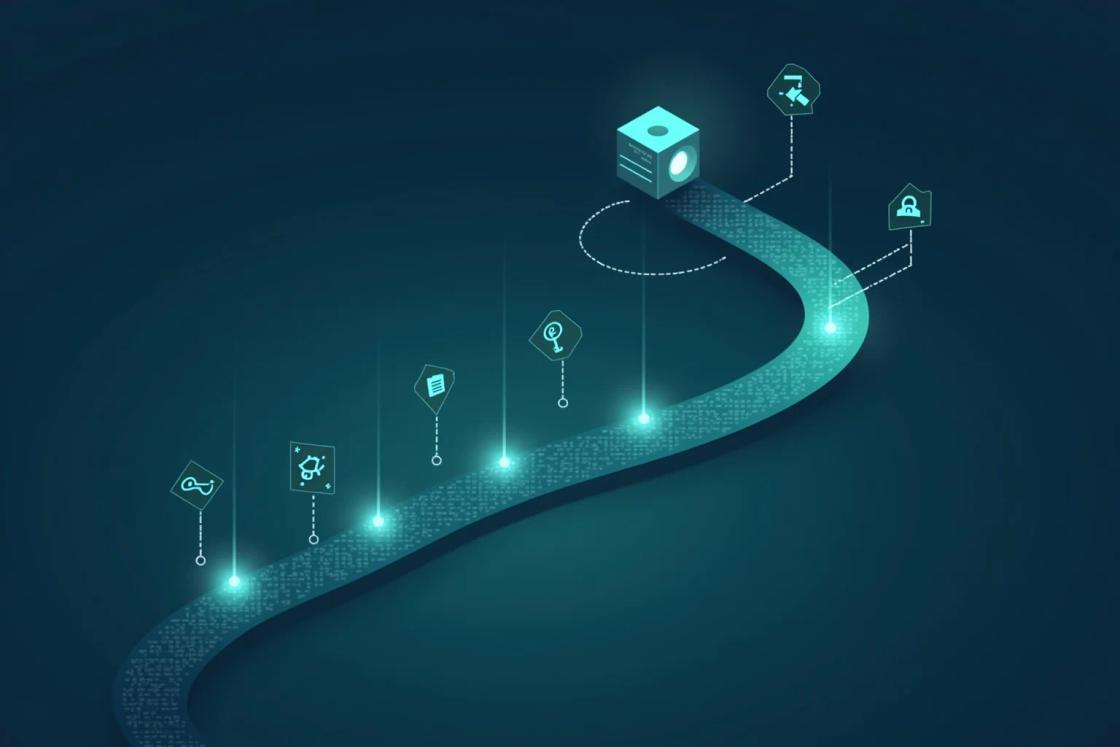 Isometrischer Agentic-Coding-Workflow: ein Pfad in Mint-Teal führt durch mehrere Validierungs-Checkpoints zu einem KI-Agenten-Würfel.