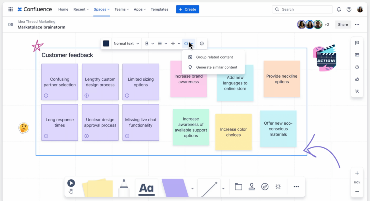 Ein Whiteboard in Confluence mit zwölf farbigen Klebezetteln unter „Customer feedback“, im Menü ist „Generate similar content“ aufgeklappt