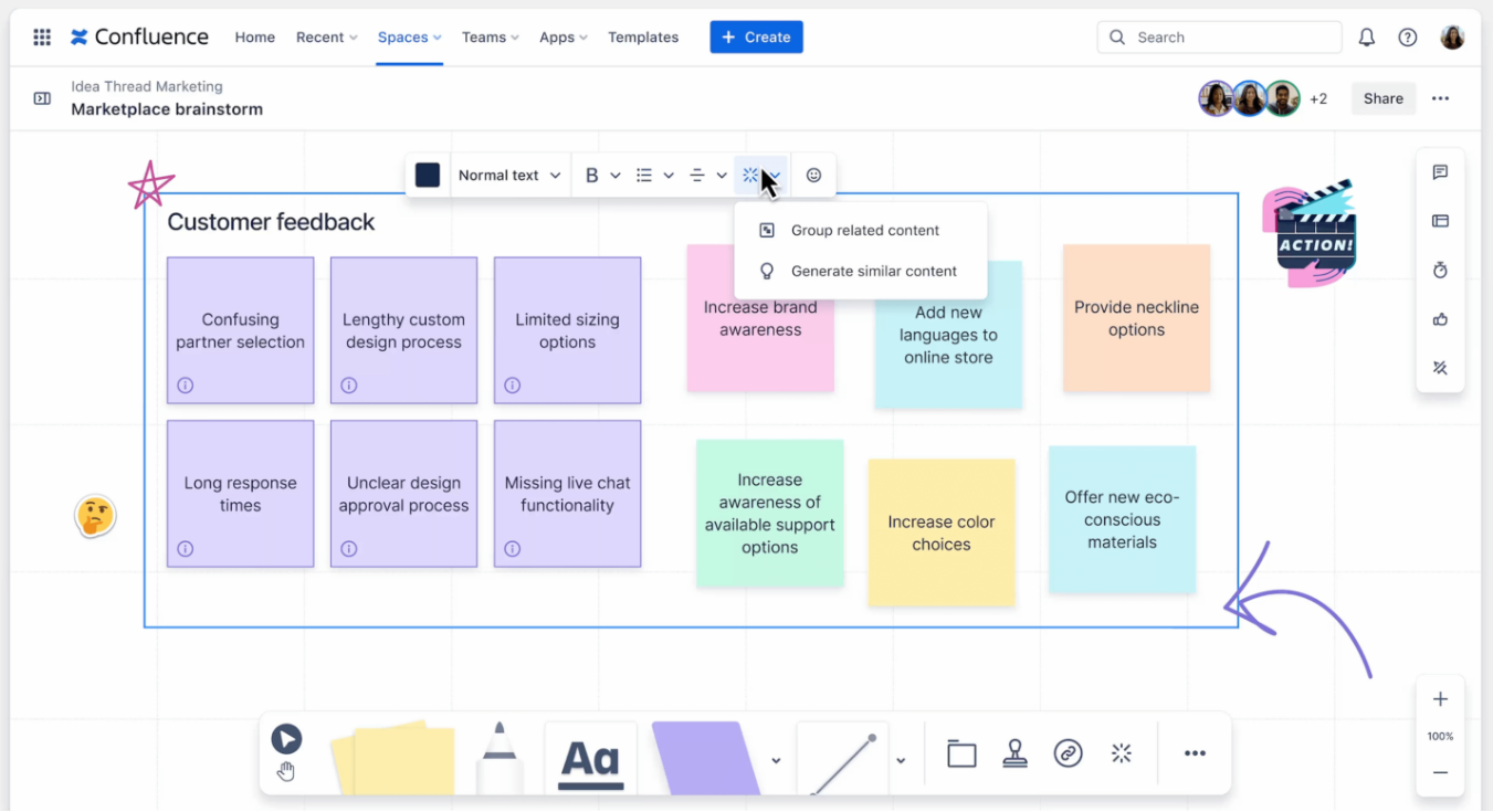Ein Whiteboard in Confluence mit zwölf farbigen Klebezetteln unter „Customer feedback“, im Menü ist „Generate similar content“ aufgeklappt