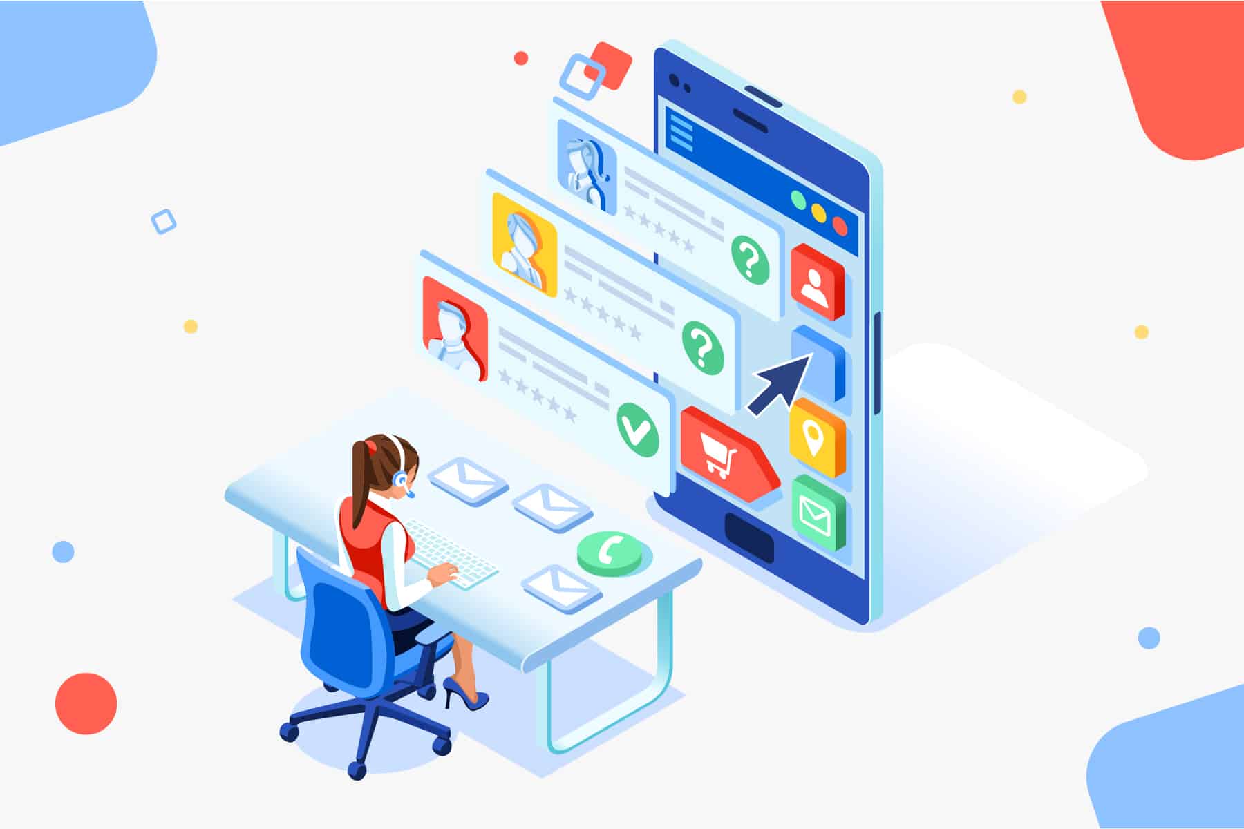 Isometrische Illustration einer Supportmitarbeiterin mit Headset an einem Schreibtisch, daneben ein Smartphone mit Help-Center- und Ticketing-Icons.