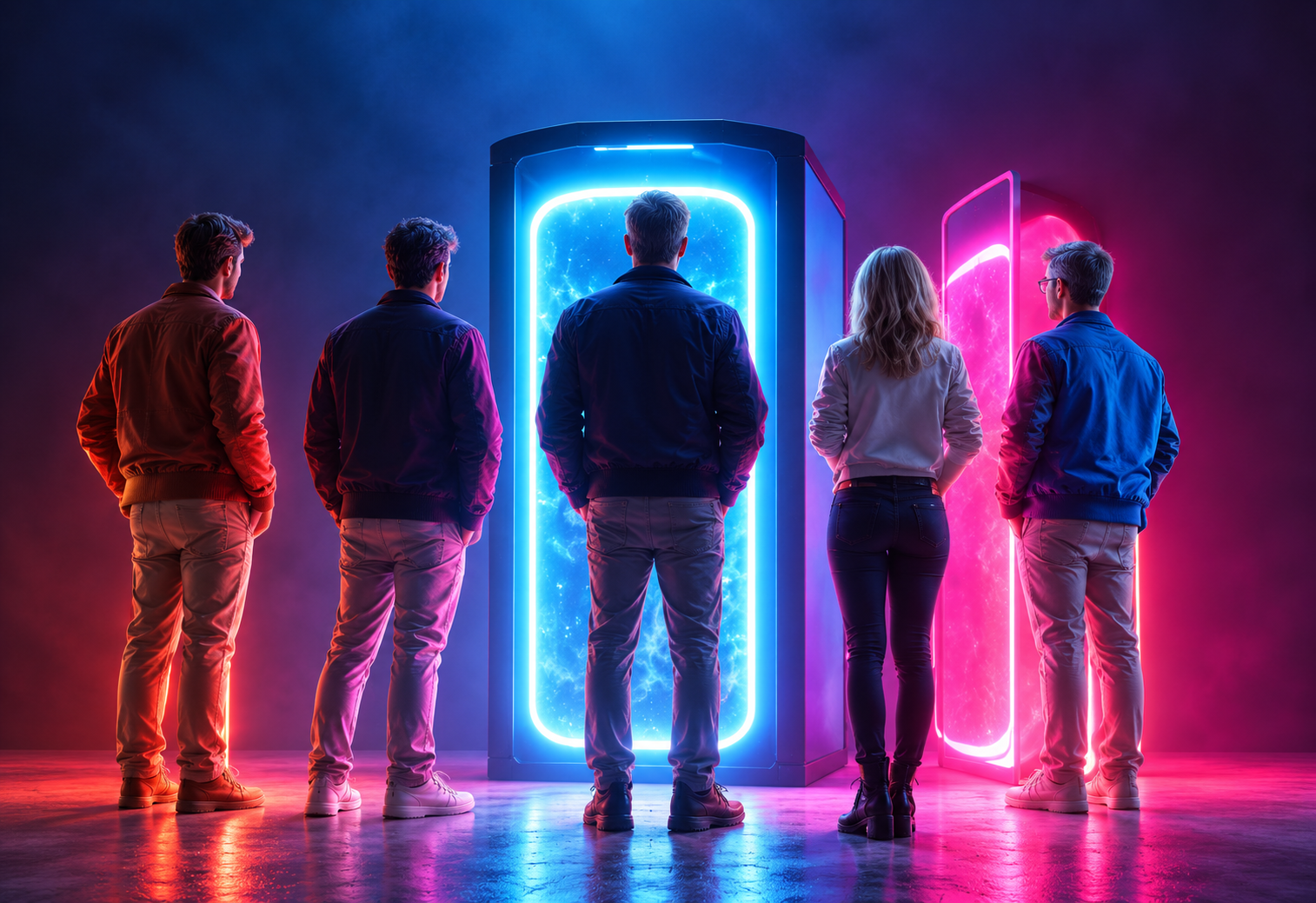 Fünf Personen stehen von hinten gesehen vor zwei leuchtenden Portalen in Blau und Pink