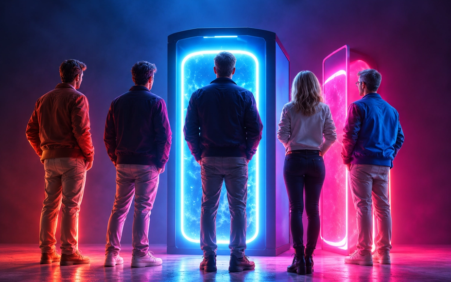 Fünf Personen stehen von hinten gesehen vor zwei leuchtenden Portalen in Blau und Pink