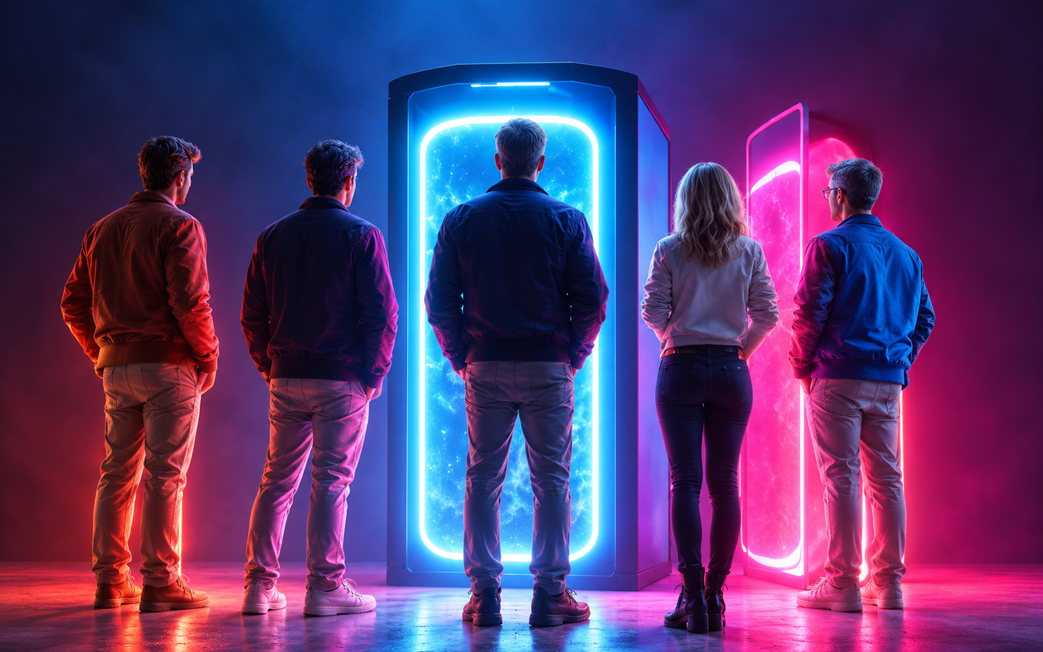 Five people, seen from behind, standing in front of two glowing portals in blue and pink