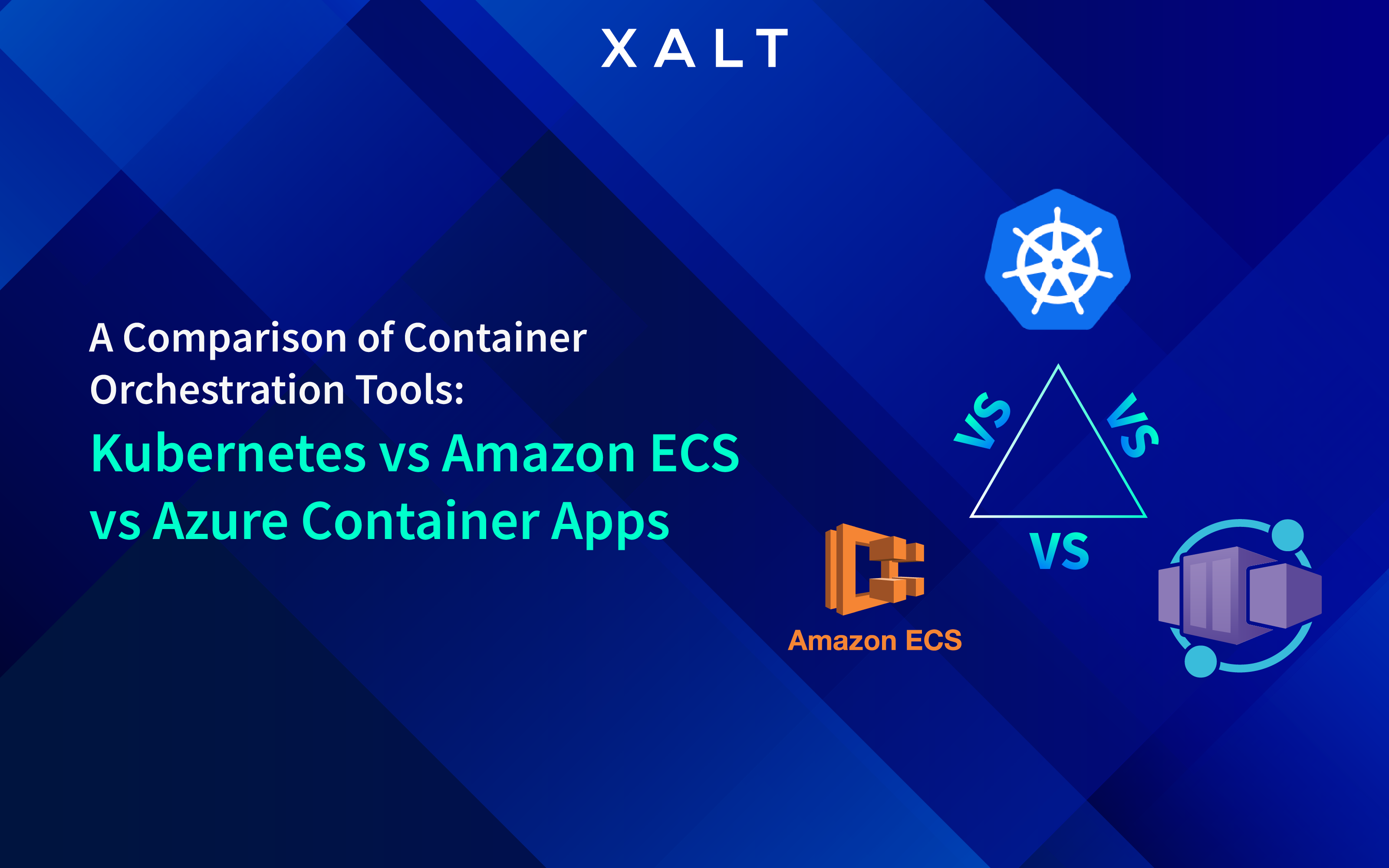 Vergleichsgrafik mit Logos von Kubernetes, Amazon ECS und Azure Container Apps in einem Dreieck auf blauem Hintergrund.