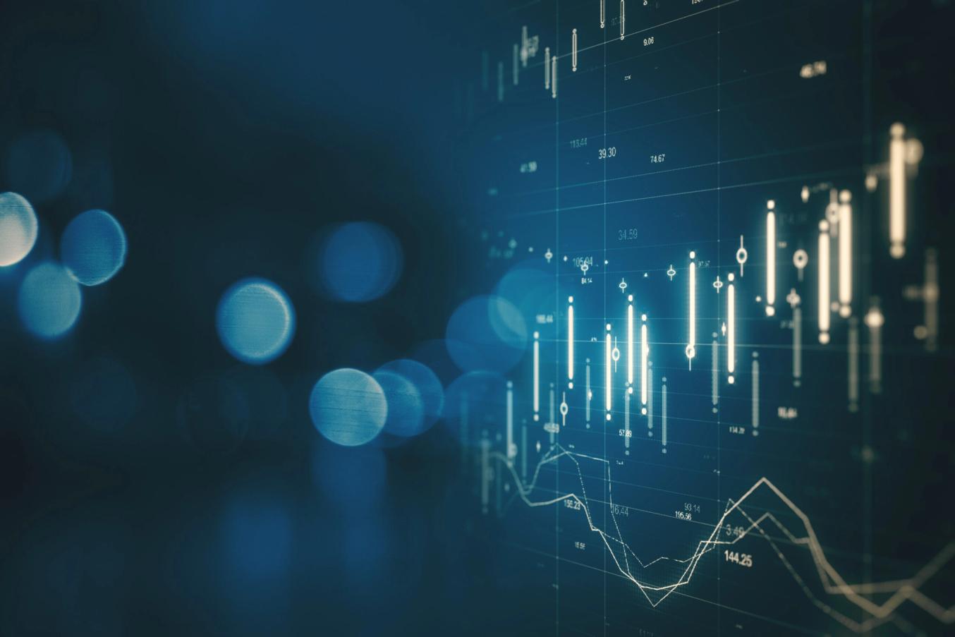 Dark blue visualization of financial charts with candlestick graphics and blurred light circles