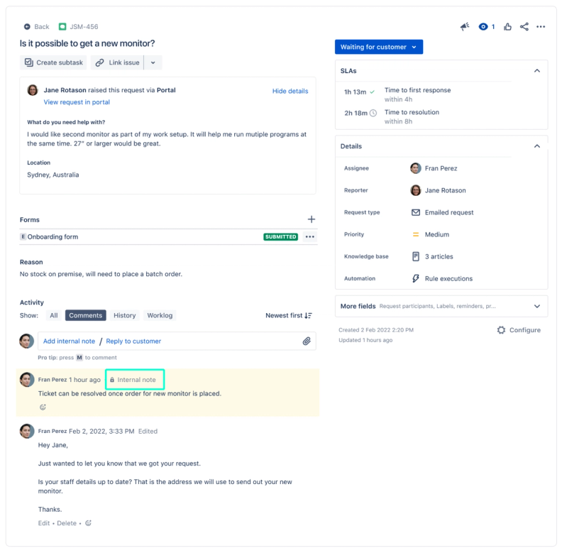 Ticket view showing an internal note that is not visible to the requester